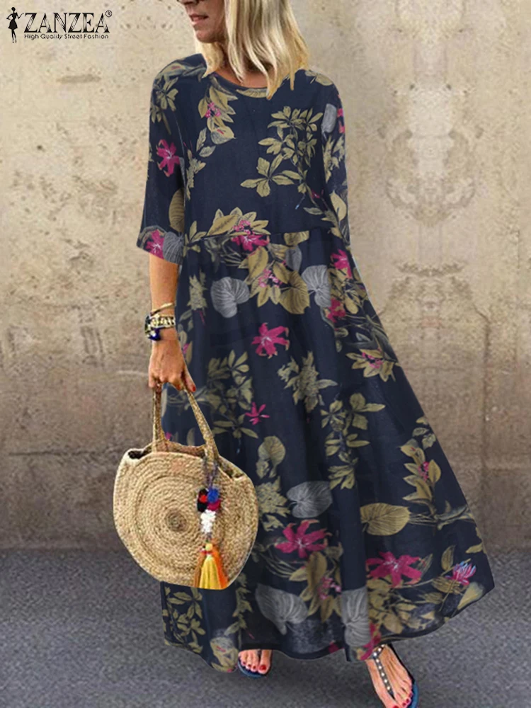 ZANZEA-Robe mi-longue bohème à imprimé floral pour femmes, robe à col rond, robe trapèze décontractée, manches 3/4, vacances rétro, printemps, éducatif