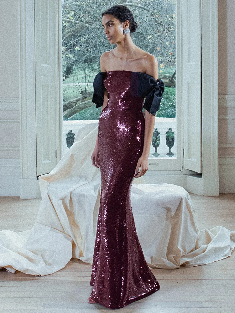 فساتين سهرة أنيقة من VC باللون العنابي مع فيونكة سوداء - فستان بدون أكتاف لحفلات الكوكتيل بطول الأرض للحفلات الراقصة #4