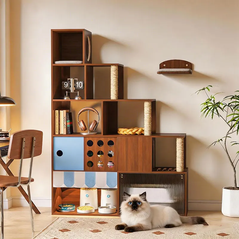 Multi-Functional Cat Tree with Scratching Post, Cozy Cat House, Feeding Station & Litter Box Enclosure, Small Space Design