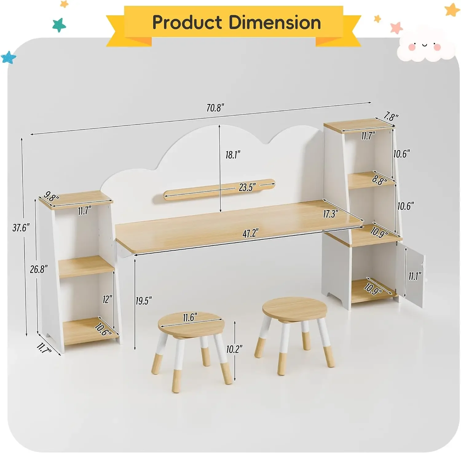 Kids Desk with Storage and 2 Stools, Wooden Children Study Desk and Chair Set with 5 Bookshelves & Cabinets, Montessori Cloud-St