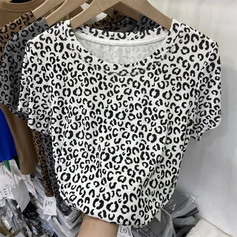 Classic Khaki Leopard Vintage Mini T Shirts Crop Tops Slim Sexy Office Ladies Basic Summer Large 2XL 2022 Korean Brand Fashion