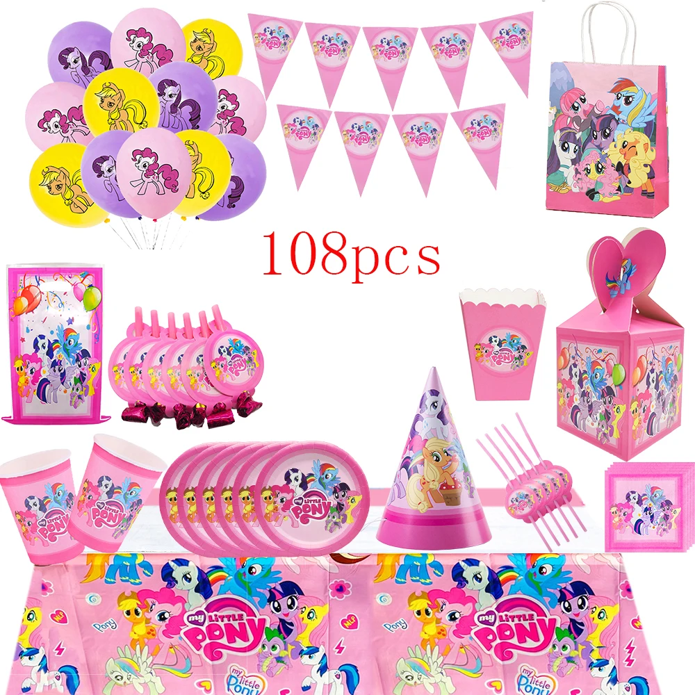 

My Little Pony themed children's birthday party supplies, girls' first birthday tablecloth, tableware, paper cups, flag-raising