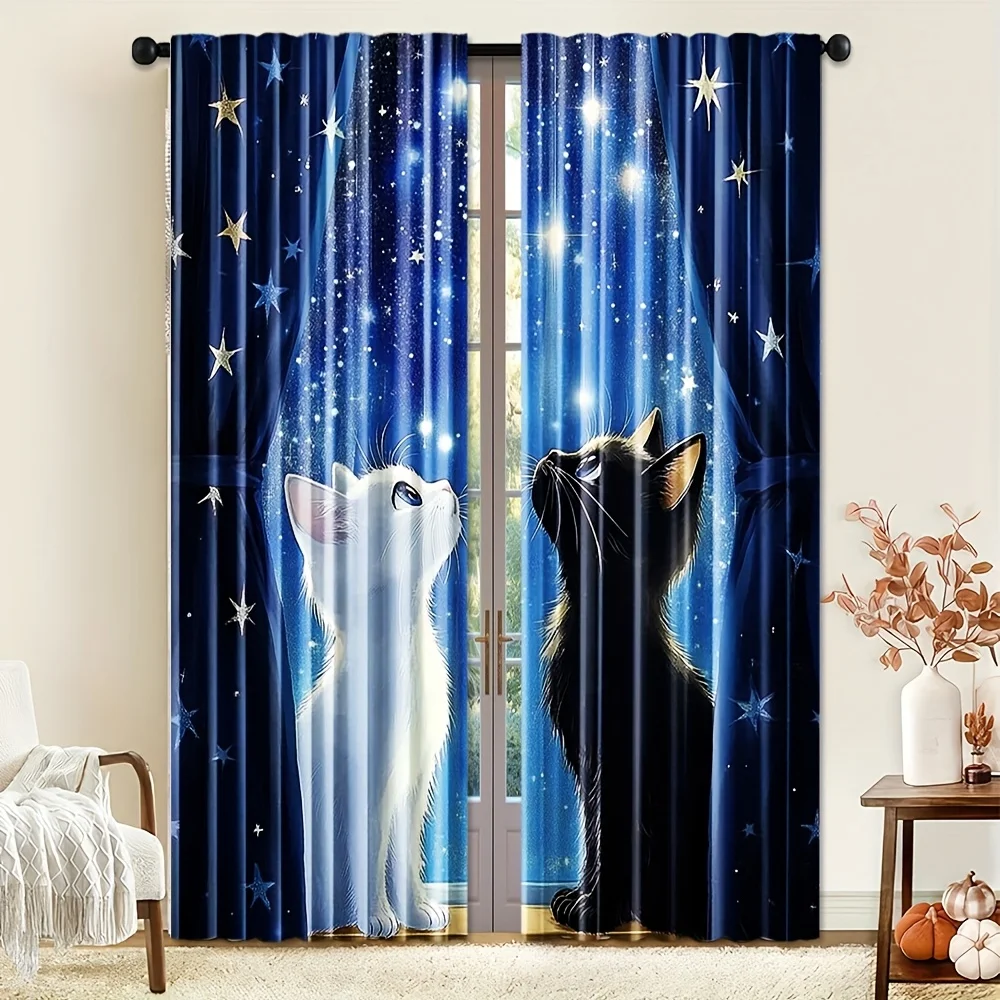 Starry Night Cat Curtains Blackout Drapes for Bedroom Living Room Dreamy Decor Blue Galaxy Animal Print Window Treatment Panels