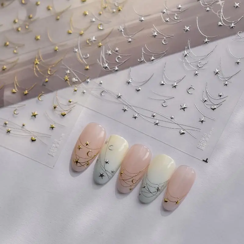 1Pcs 5D French Star Moon Chains Nail Art Stickers Gold/Silver Curved Lines,Starlight Nails Slider Self-Adhesive Manicure Decal