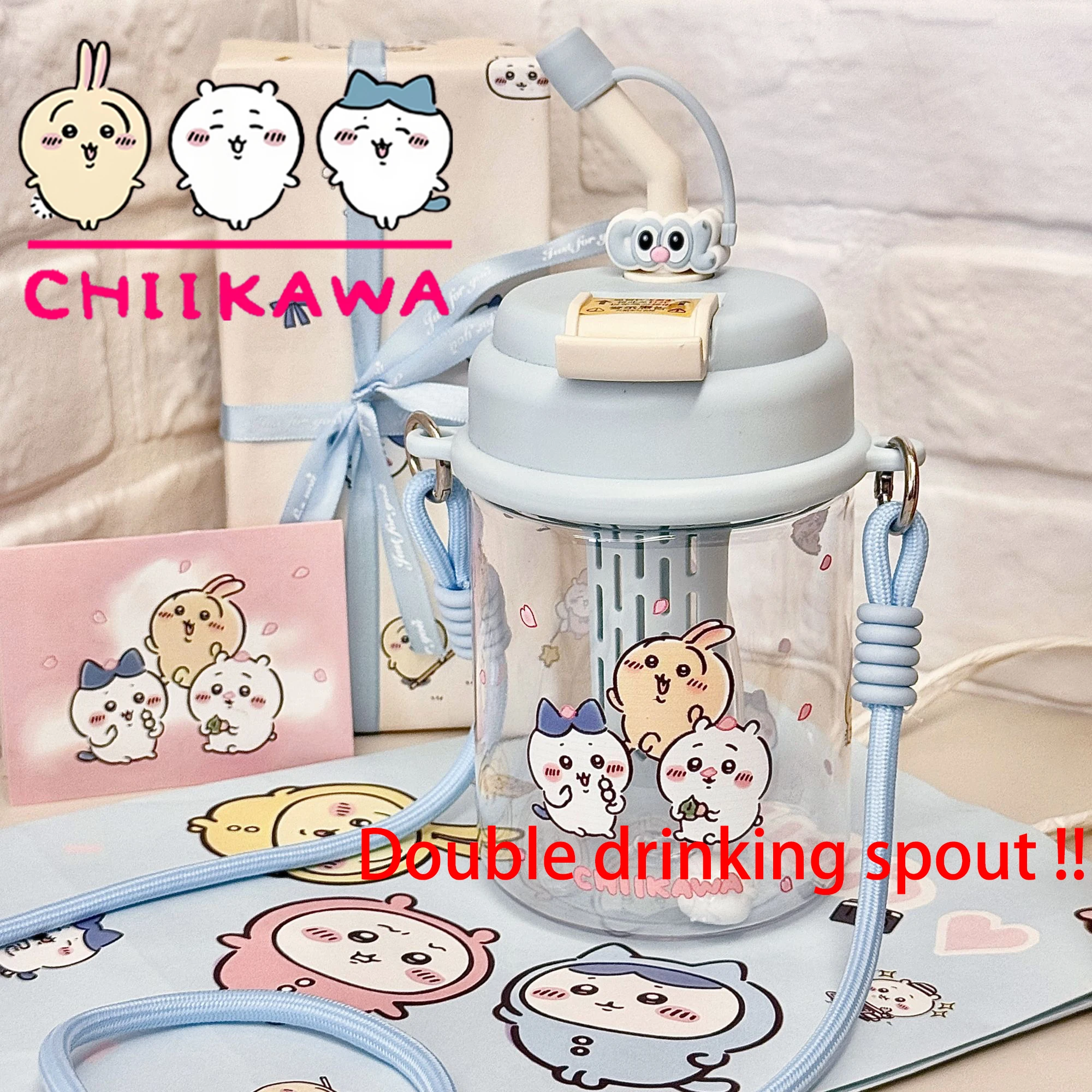 

NEW Chiikawa straw cup MINISO Cute Usachi water cup Double drinking spout cartoon print Hachiware Girl's birthday gift kawaii