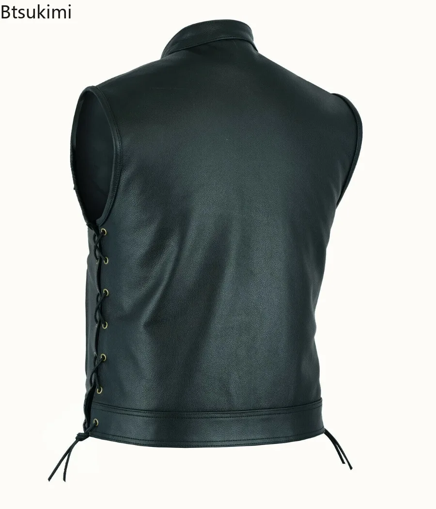 2025Men's Leather Vest Casual Punk Style Stand Collar Zipper Sleeveless Vest Coats Men Handsome Motorcycle Biker PU Leather Tops