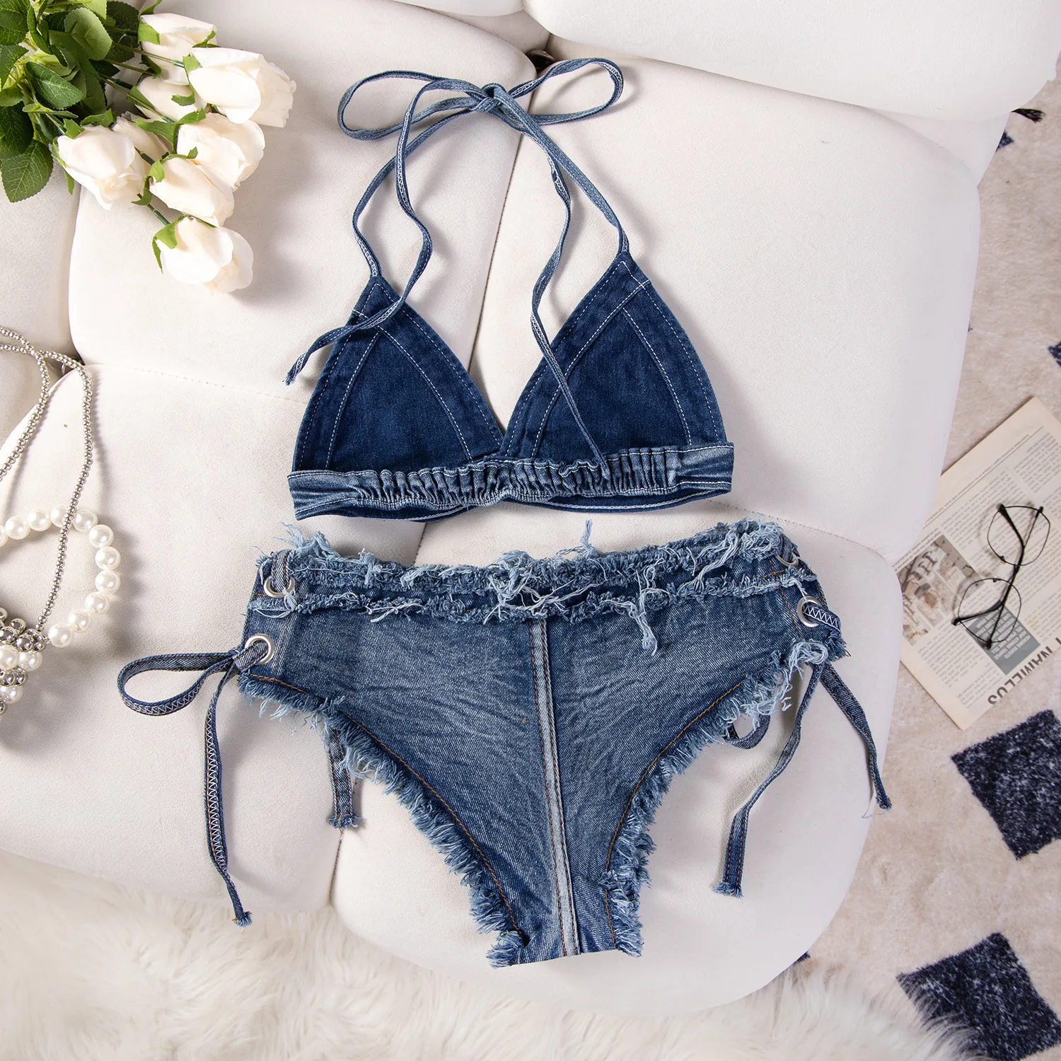Bikini Set Vrouwen Sexy Denim Pakken Badpak Lace Up Strap Bh Vest Trekkoord Beachwear Zomer Vintage Tweedelige Badmode