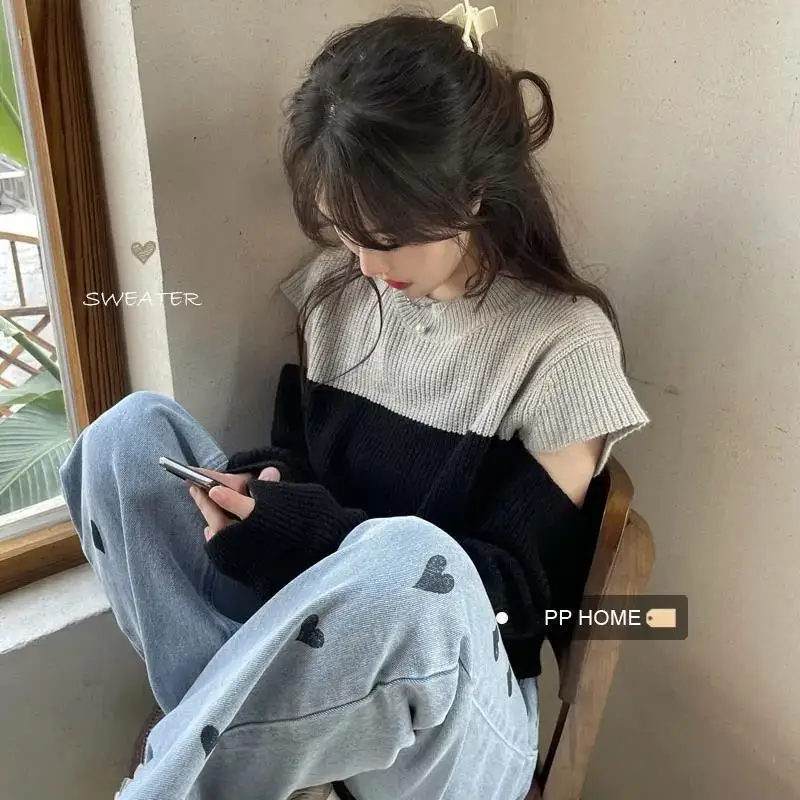 

Костюмы с открытыми плечами Mujer, пуловеры, укороченные свитера контрастного цвета, винтажный тонкий джемпер Y2k, одежда, трикотаж Gyaru Acubi Alt Grunge