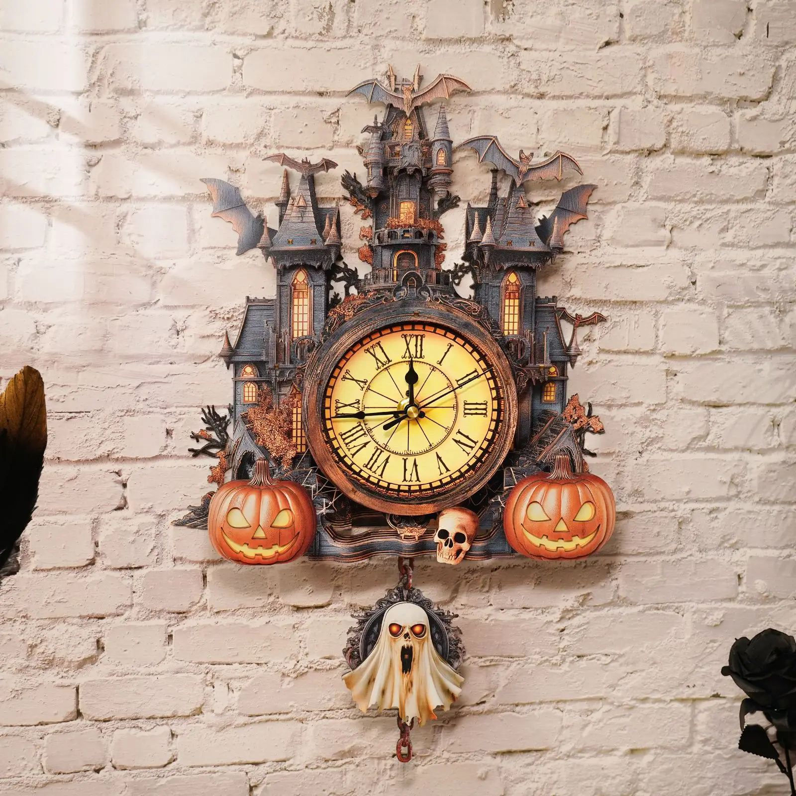 DIY Wooden Halloween Cottage Mechanical Clock Figurines Miniatures Kits Mini Casa for Friends Christmas Gifts Home Decor Crafts