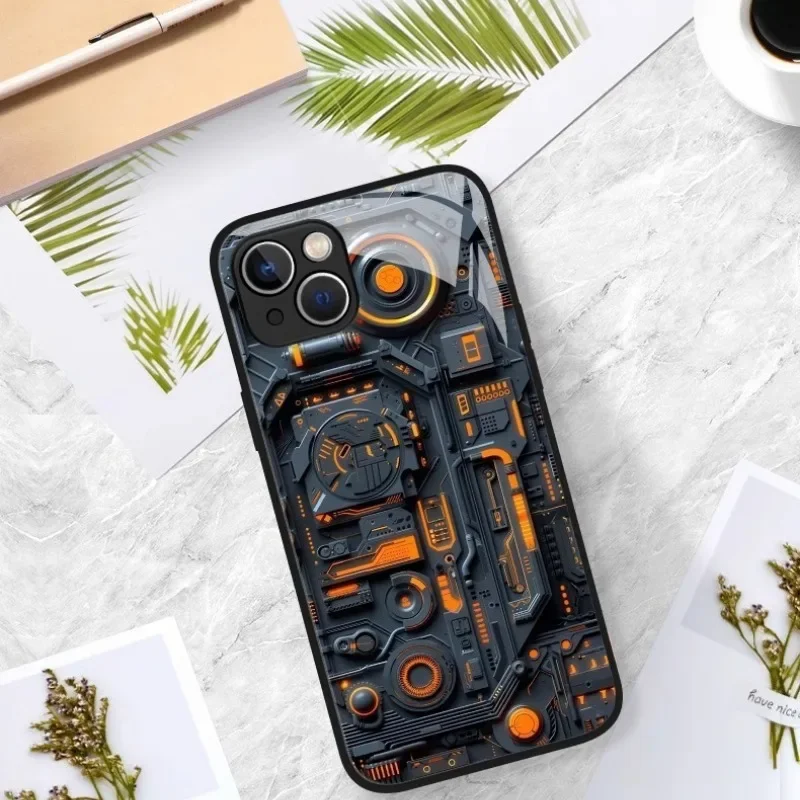 

Creative Mechanical Device Orange Circuit Board Phone Case for IPhone 16 15 14 13 12 11 Pro Max 14 15 16 Plus Protector Cover