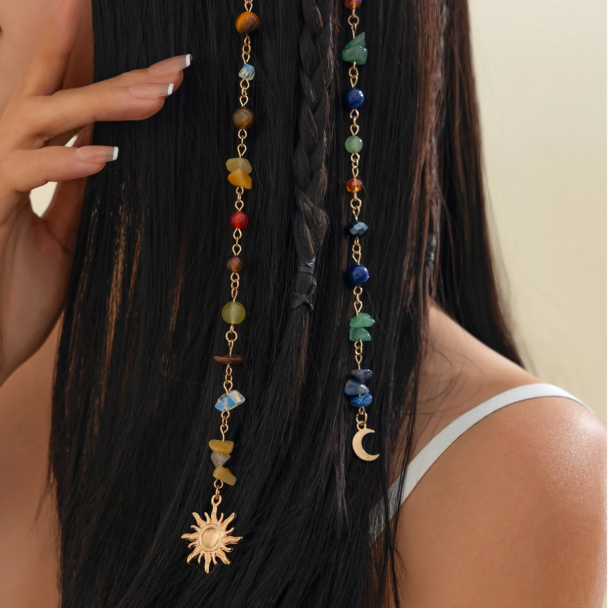 Salircon 2Pcs/Set Trendy Design Long Tassel Chain Headdress Hair Accessories Exquisite Sun Moon Pendant Hairwear Women Jewelry
