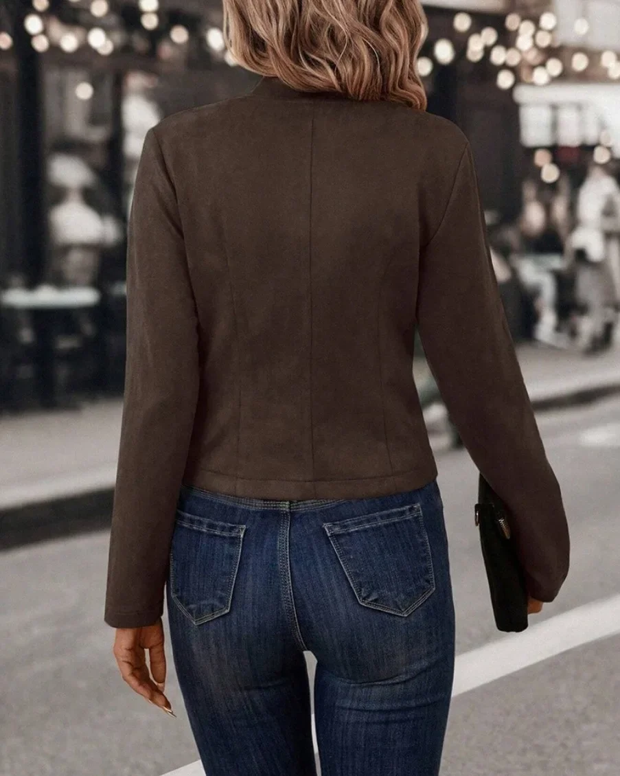 Damen-Blazer mit Stehkragen, offener Front, doppelter Knopfleiste auf beiden Seiten, langen Ärmeln für den täglichen Freizeitgebrauch. – Detail 9