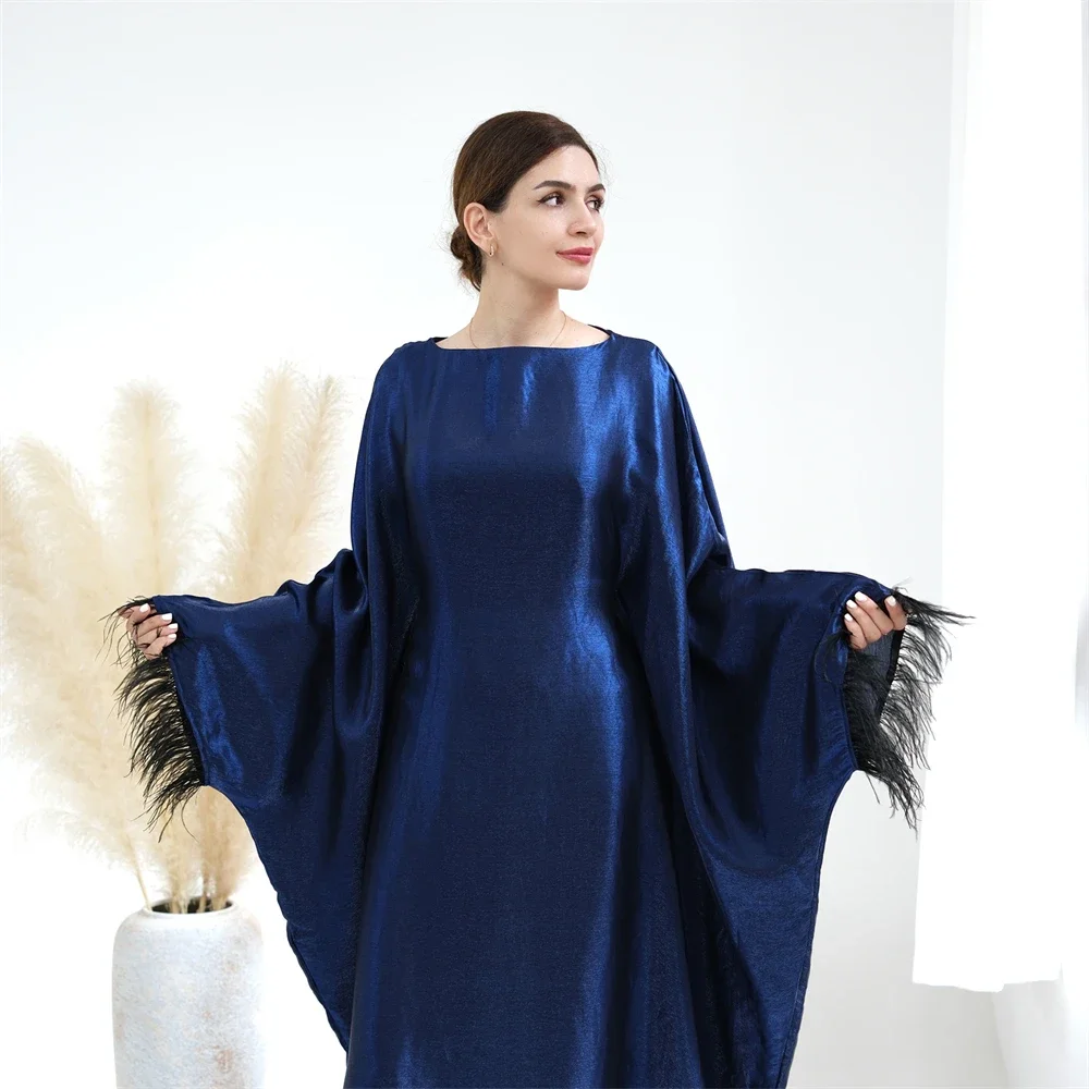 Eid Muslim Women Maxi Dress Feather Abayas Modest Abaya Dubai Turkey Robe Islamic Clothing Ramadan Jalabiya Marocain Caftan Gown