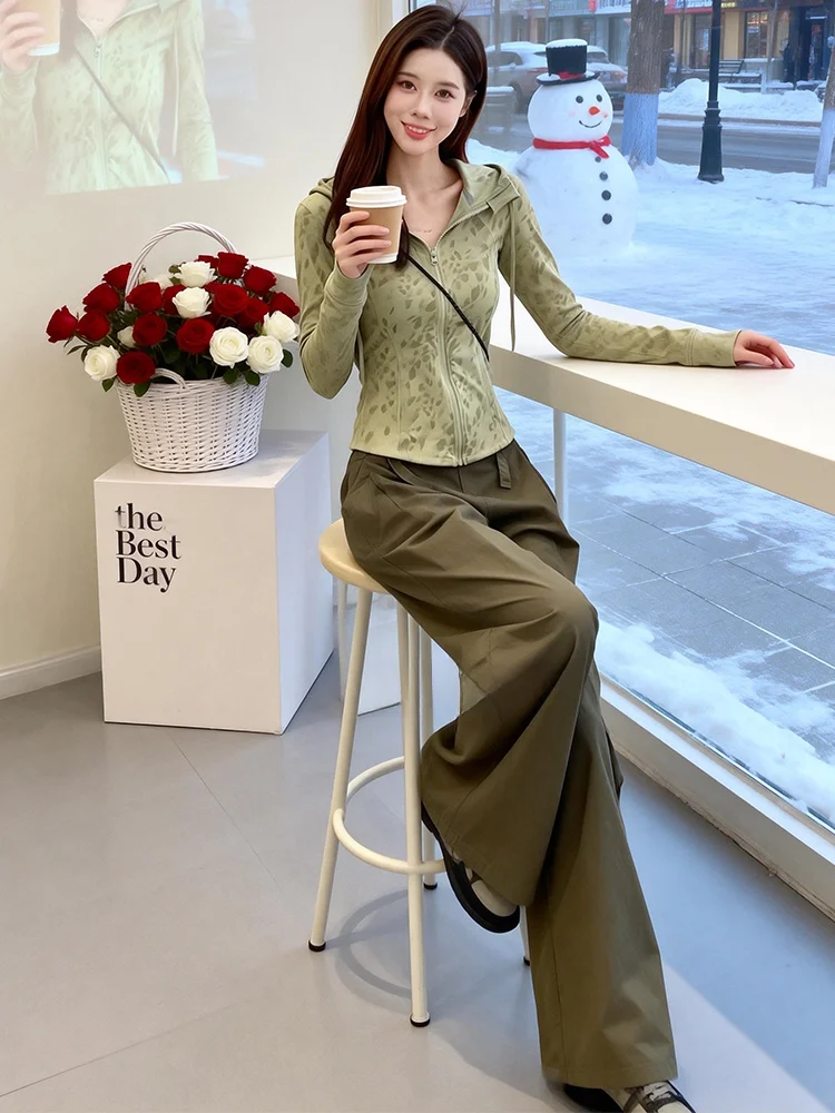 

Casual Fashionable European Style Women's Set Spring 2026 Long Sleeve Hooded Open Cardigan High Waist Wide Leg Pants Two Piec...
