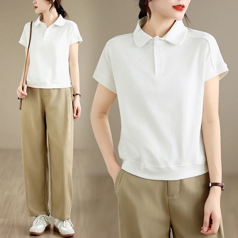 

Fashionable Casual Short Sleeve Shirt And Pants Set plus Size Women's Clothing Commute Style Artistic Flipped Collar Regular Fit