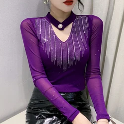 Spring Autumn Women Bottoming Shirt Korean Fashion Hot Diamond Tops V-neck Sexy Bright Silk Hollow Out top T Shirt