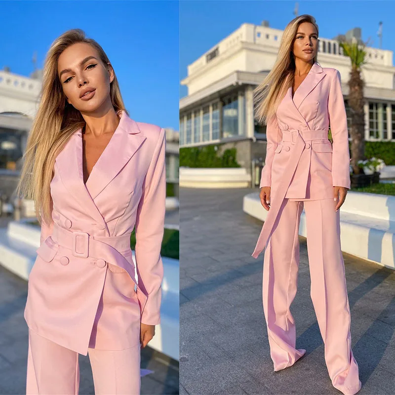 Formal 2Pcs Pink Women Suits Set Tie Waist Blazer+Pants Office Lady Prom Dress Costumes Jacket With Belt Double Breasted