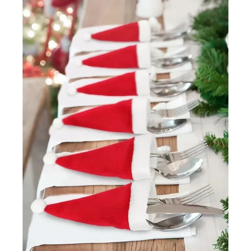 1Merry Christmas 2024 Christmas Tableware Bag Holder Christmas Hat Fork Knife Cutlery Bag Christmas Decorations for Home