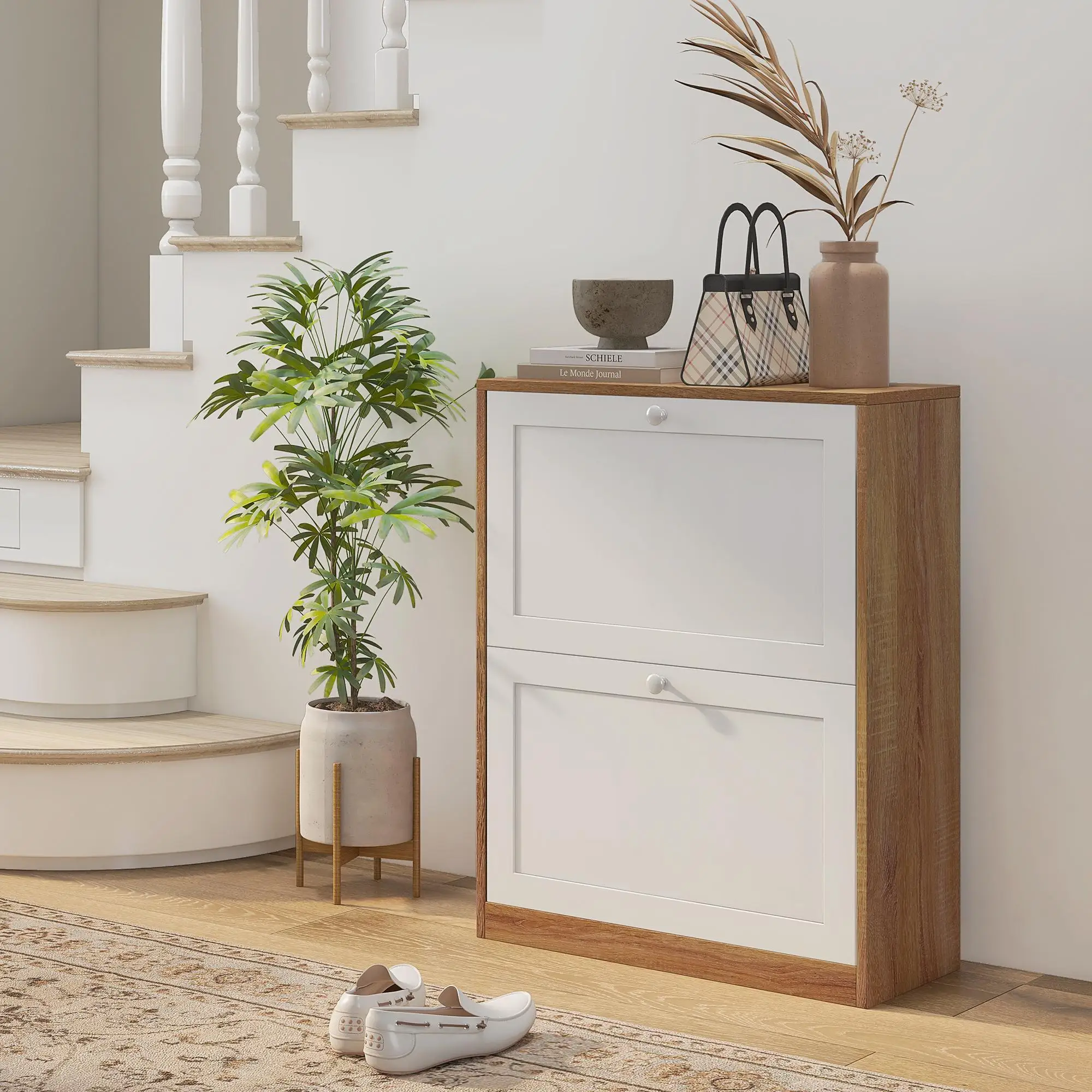 Meuble à chaussures étroit 60x24,5x75,5 cm pour 12 paires avec 2 portes battantes et planchers rabattables aspect bois Blanc
