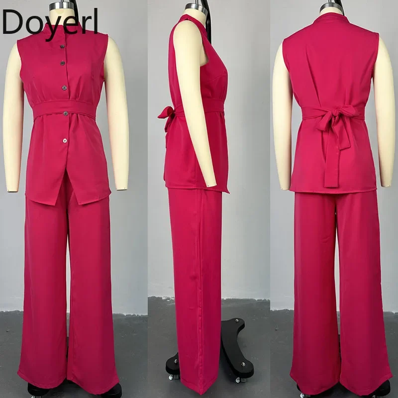 Elegant Work Wear Two Piece Set Women Sleeveless Single-breasted Top and Straight Pants Suit Matching Sets Casual Outfits Summer
