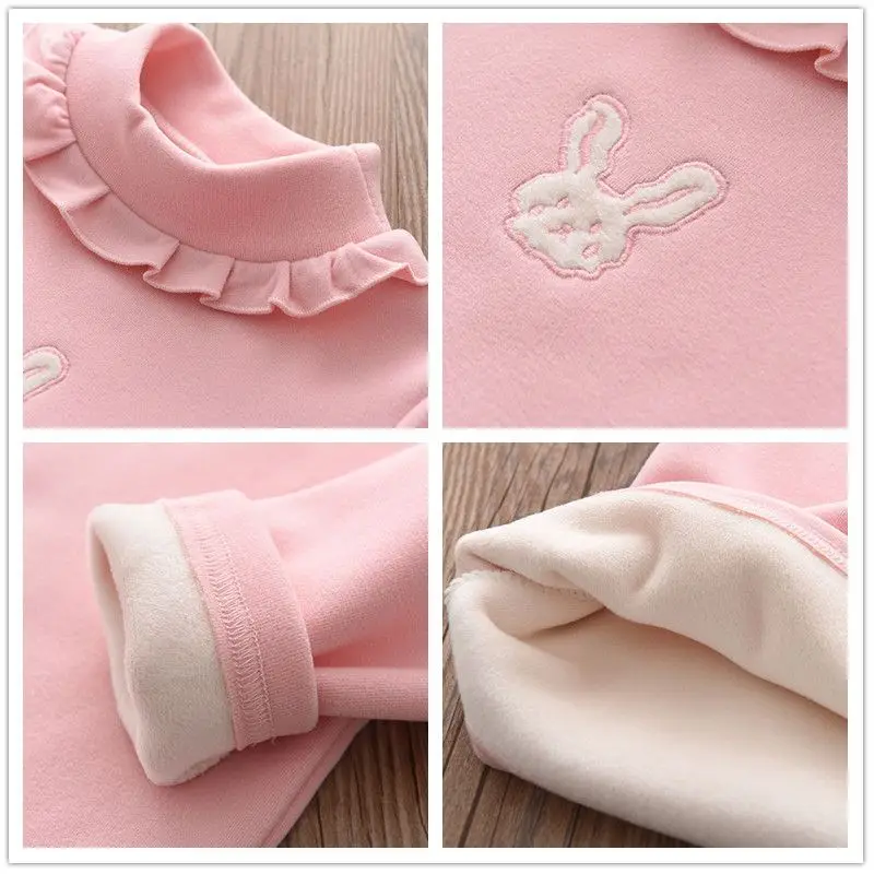 2026 New Girls Bunny Embroidery Fleece Shirt Autumn Winter Warm Long Sleeve Top Lace Trim Fashion Korean Style Kids Clothes