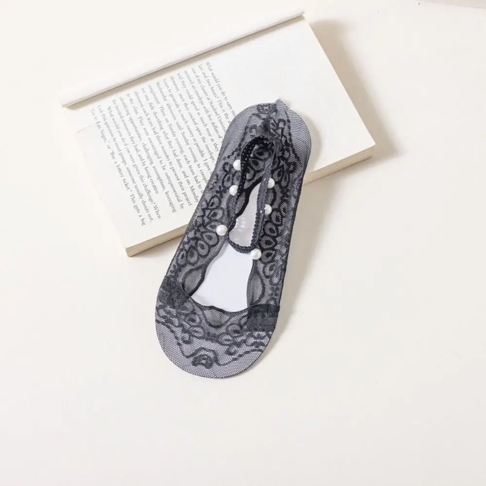 

5Pairs Anti-Slip Pearl Ankle Socks Transparent Mesh Lace Boat Socks Female Hosiery Breathable Invisible Socks Women Girls
