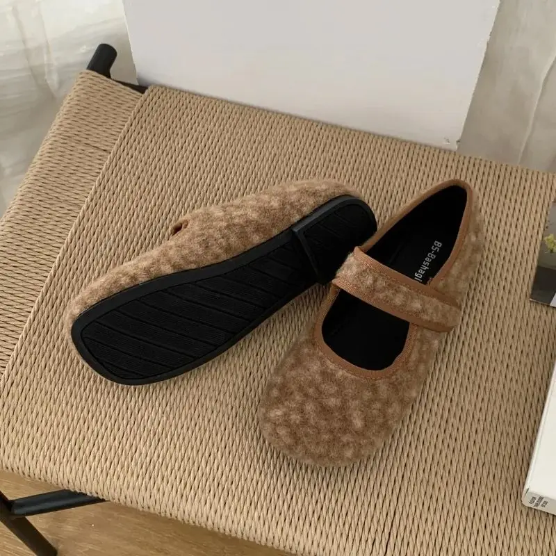 

Туфли Мэри Джейн, женские меховые лоферы с круглым носком, повседневные удобные туфли на плоской подошве, винтажные zapatos de mujer, коричнево-серые цвета хаки