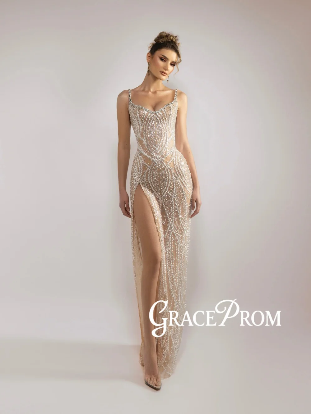 

Gorgeous Long Beaded Evening Dress Silver Crystal Thin Straps Wedding Party Gown Customized Sexy High Slit Red Carpet Gowns