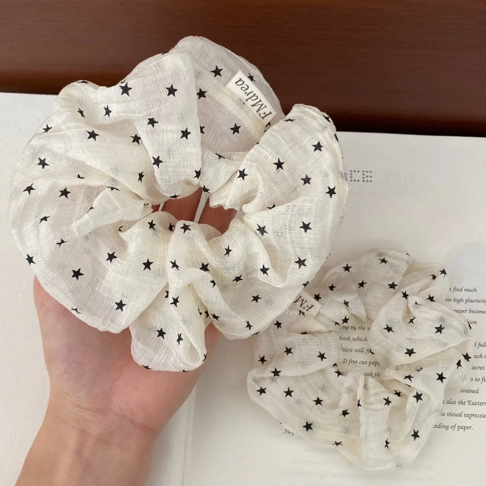 Cute White Polka Dot Sheer Organza Scrunchie for Women Pentagram Elastic Hair Tie Headwear Daily Party Hair Accessories
