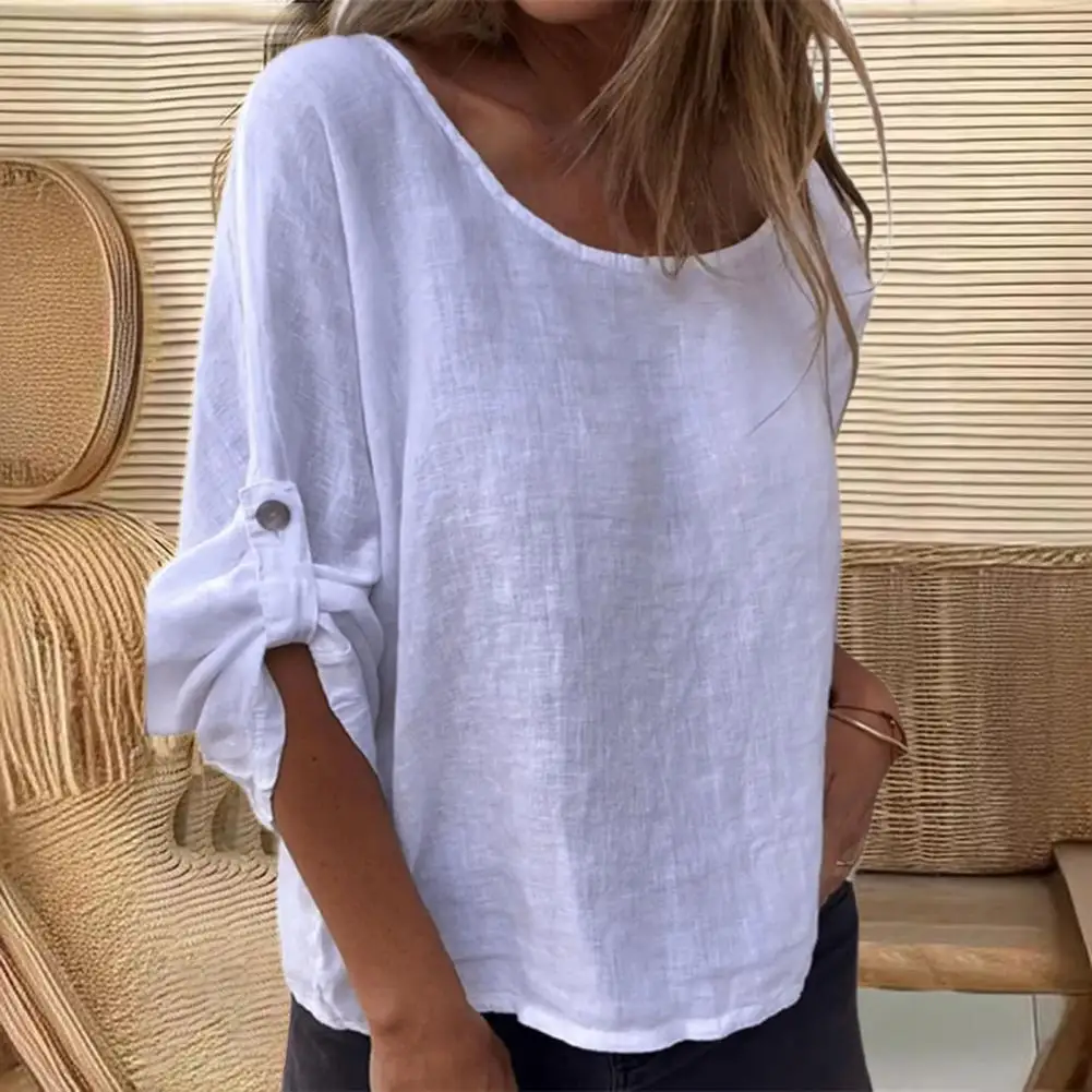 Relaxed Casual Style Blouse Lightweight Women's Casual Shirt Round Neck Long Sleeve Pullover Top Solid Color Loose Fit Blouse