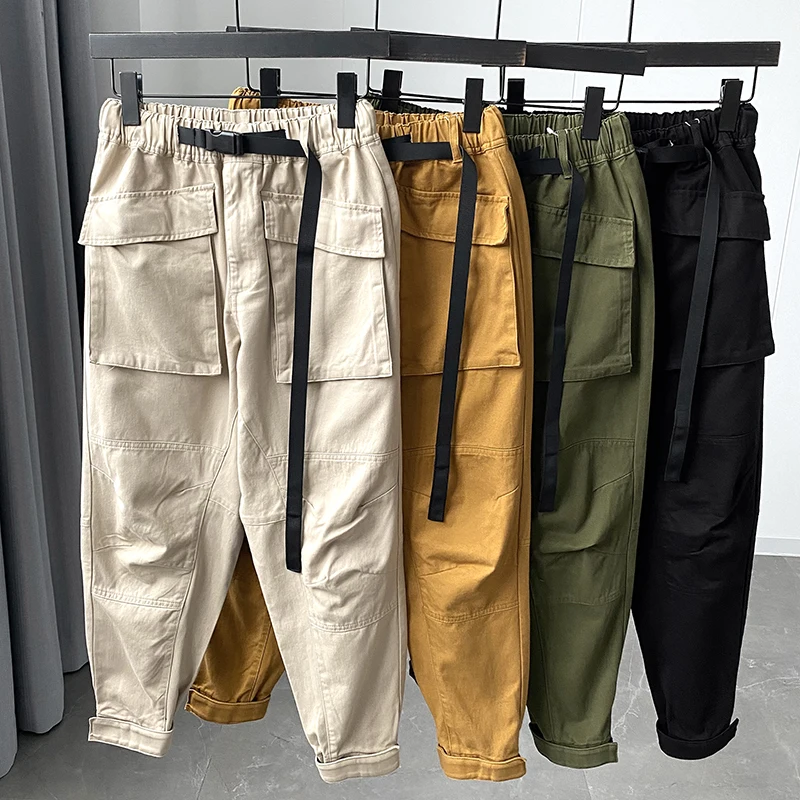 

Casual Waist Belted Men's Work Trousers Summer Large ket Magic Tape Long Pants Trendy Straight Leg Length Pure Color