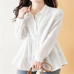 Simple Women's Blouses Hollow Shirts Pure Color White Blouses Button Pullover Square Tops Laple Long SleeveTop Feminine Shirts