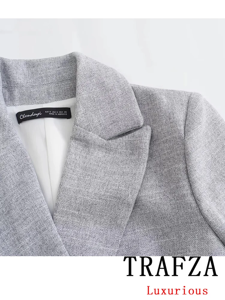 TRAFZA Vintage Chic Office Lady Gray Solid Women Suit V Neck Single Breasted Blazer Straight Loose Pants New Fashion 2024 Set