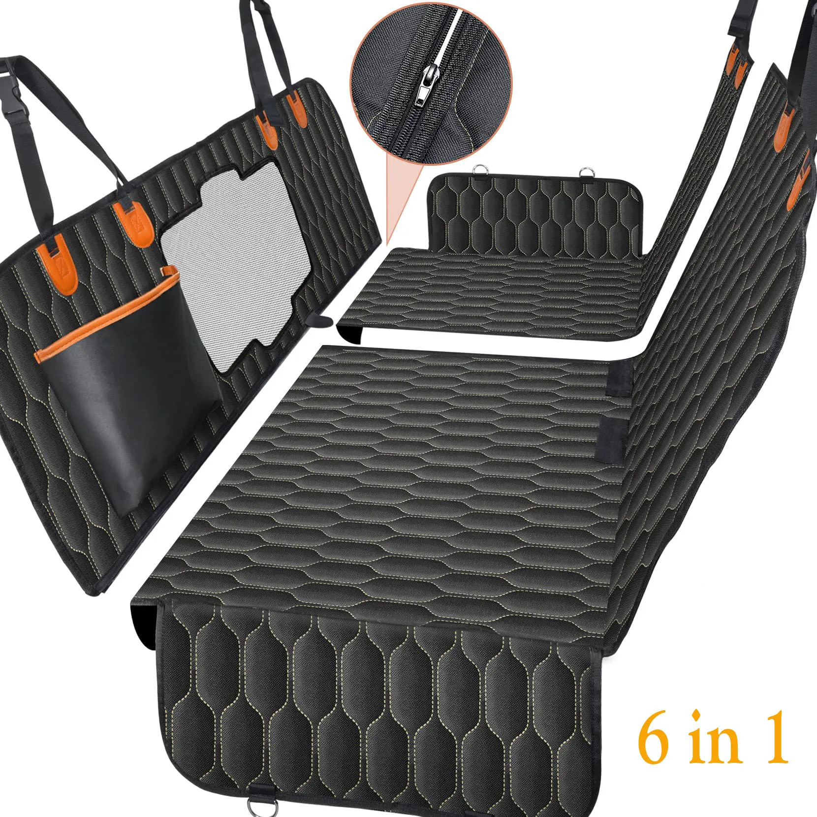 

6-in-1 Dog Car Seat Cover, Waterproof Pet Hammock for Car, Scratchproof Nonslip Back Seat Protector, Mesh Visual Window