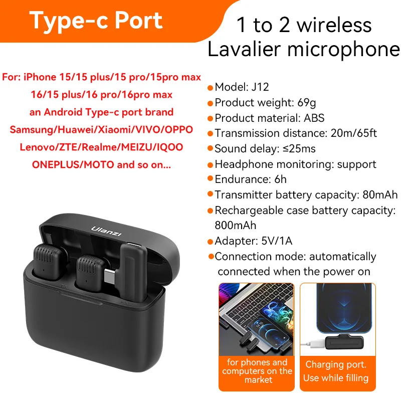 ULANZI J12 Lavalier Microfone Profissional portátil 20m Receber Plug Play Mic para smartphone Android iPhone16 15 14 13 12 12