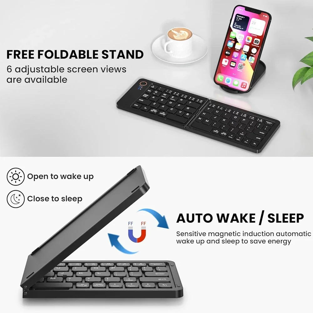 B023 Folding Keyboard, Foldable Bluetooth Keyboard with PU Leather Cover, Ergonomic Design, Tri-Device Connection, USB-C Charge