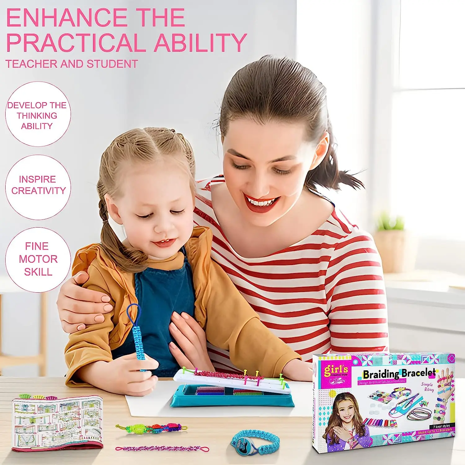 여자아이들을 위한 우정 팔찌 만들기 키트, DIY 우정 팔찌 제작 세트에는 브레이드 룸, 조절 가능한 핀, 스티커 포함