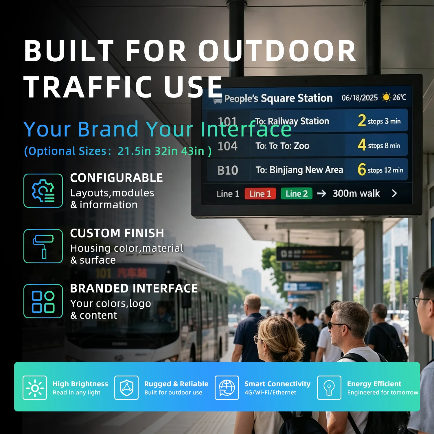 OEM Commercial Hanging Smart Bus Shelter LCD Screen Bus Station Advertising Information Show Android11 Outdoor Digital Signage