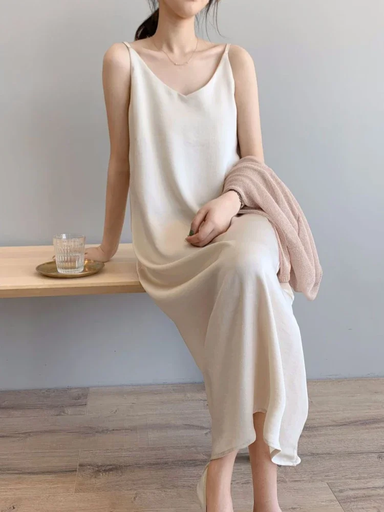 프렌치 Y2K 스타일 H라인 드레스 여성 미디 빈티지 우아한 여름 스파게티 스트랩 인스 스트리트웨어 여성 백리스 미니멀리스트 베스티도스