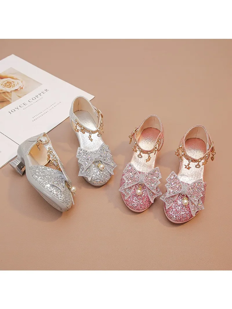 Chaussures en cuir à talons hauts pour filles, talons hauts pour fête de mariage, strass scintillants avec nœud papillon, pendentif de robe pour enfants scintillant