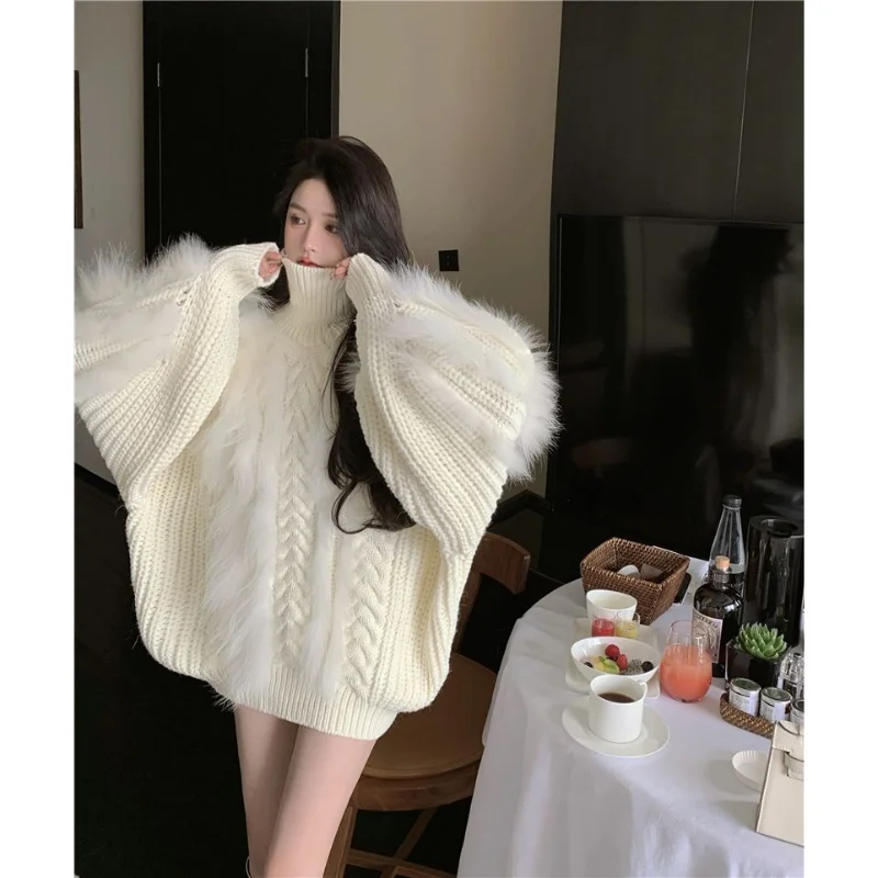 Pullover Sweater Female Goddess Model High Neck Top Women Winter New Celebrity Long Sleeve White Coat Pullover Sweater Women