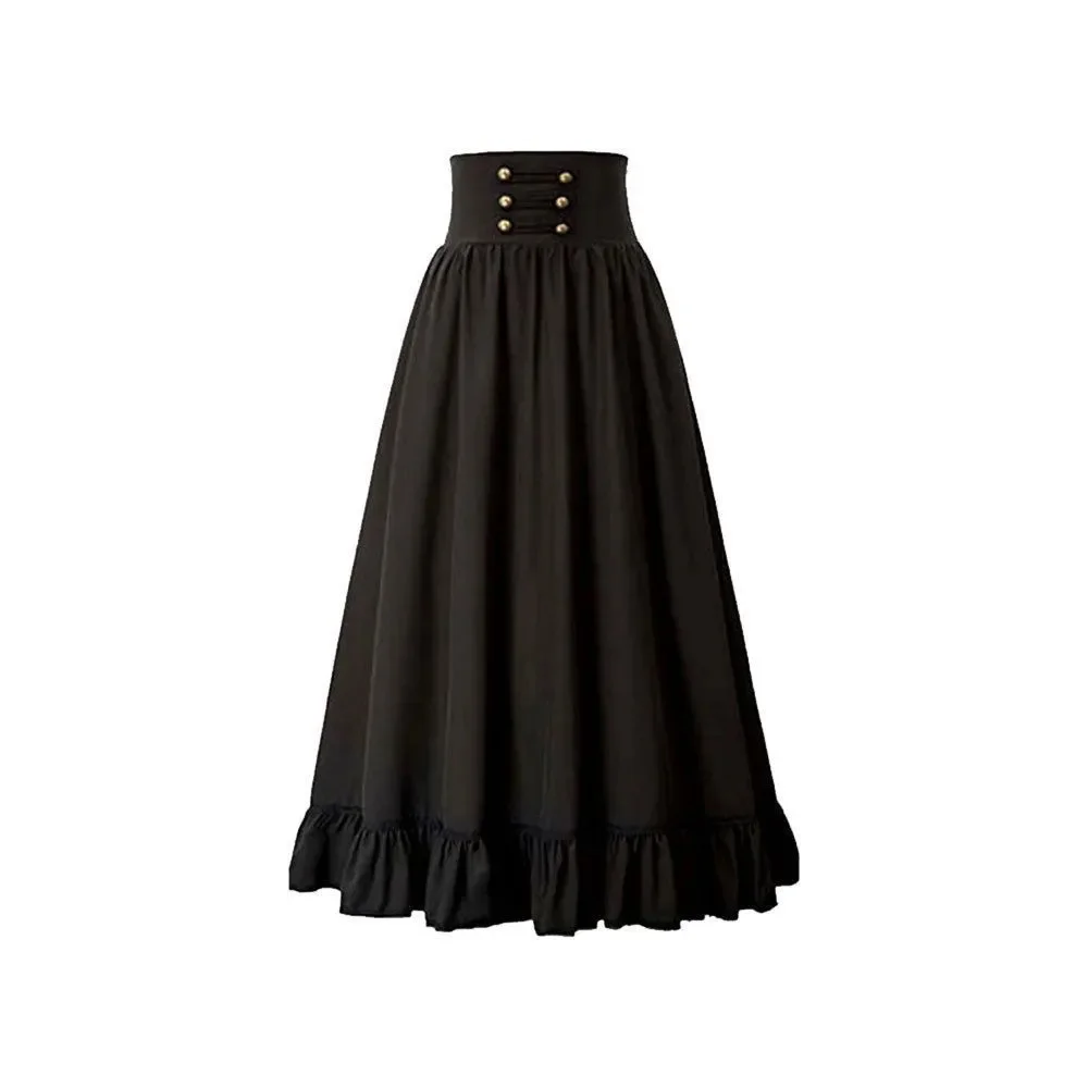 Vintage Renaissance Pleated Maxi Corset Button Skirt Women A Line Costume Victoria High Waist Gown Big Swing Floor Ruffle Skirt