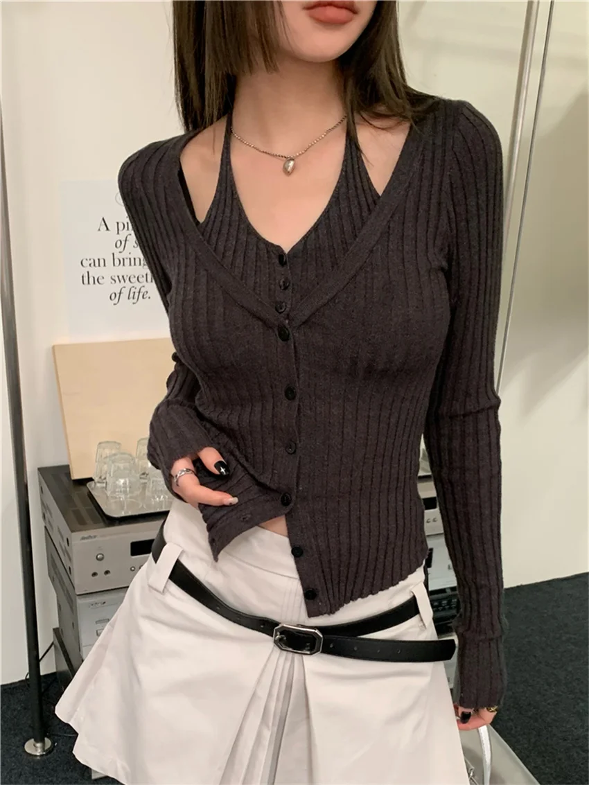 

PLAMTEE Slim-Fit Fake Two Piece Sweaters Vintage High Street 2023 Women Sexy Autumn Outwear New Daily Full Sleeve Cardigans