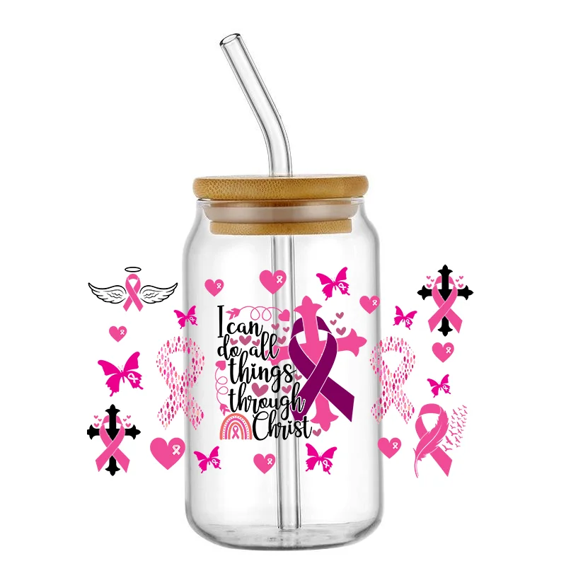 Custom pink color UV DTF Vinyl Cup Wrap Designs Transfer Paper For 16oz Libbey Glass Mugs Coffee Cups Tumblers Sticker