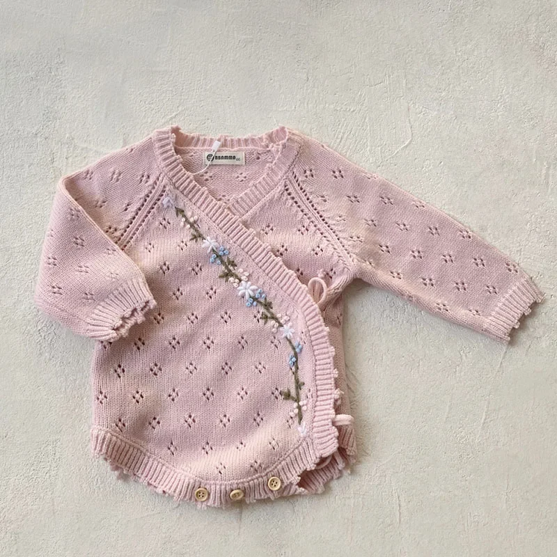 2024 New Autumn Winter Toddler Baby Girl Knitted Romper+Hat Long Sleeved Flower Embroidery Infant Baby Knitted Jumpsuit