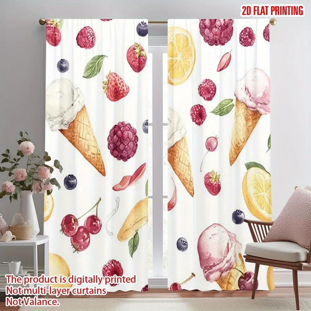 Ice Cream Fruit Curtains Sweet Summer Pattern Window Drapes Cute Food Decor Blackout Fabric for Kids Bedroom Kitchen Dining Room