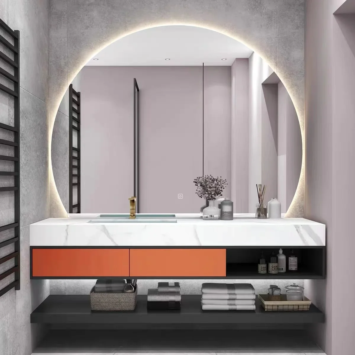 Modern bathroom sink, plywood stainless steel construction, floor-to-ceiling/wall-mounted sink, mirror, countertop