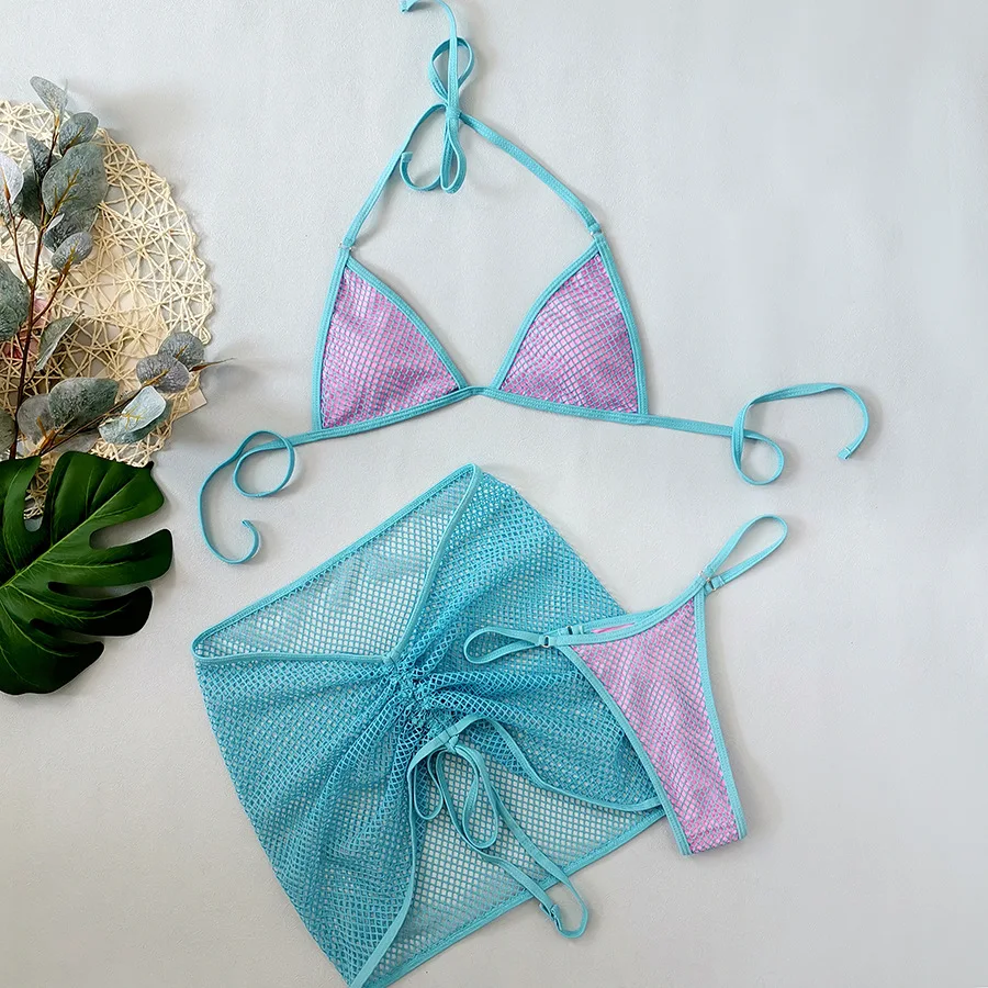 Sexy Blue Lattice Mesh Halter Micro Mini Bikinis Sets 3pcs with Drawstring Mini Skirt Swimwear Swimsuit Bathing Suit Biquini