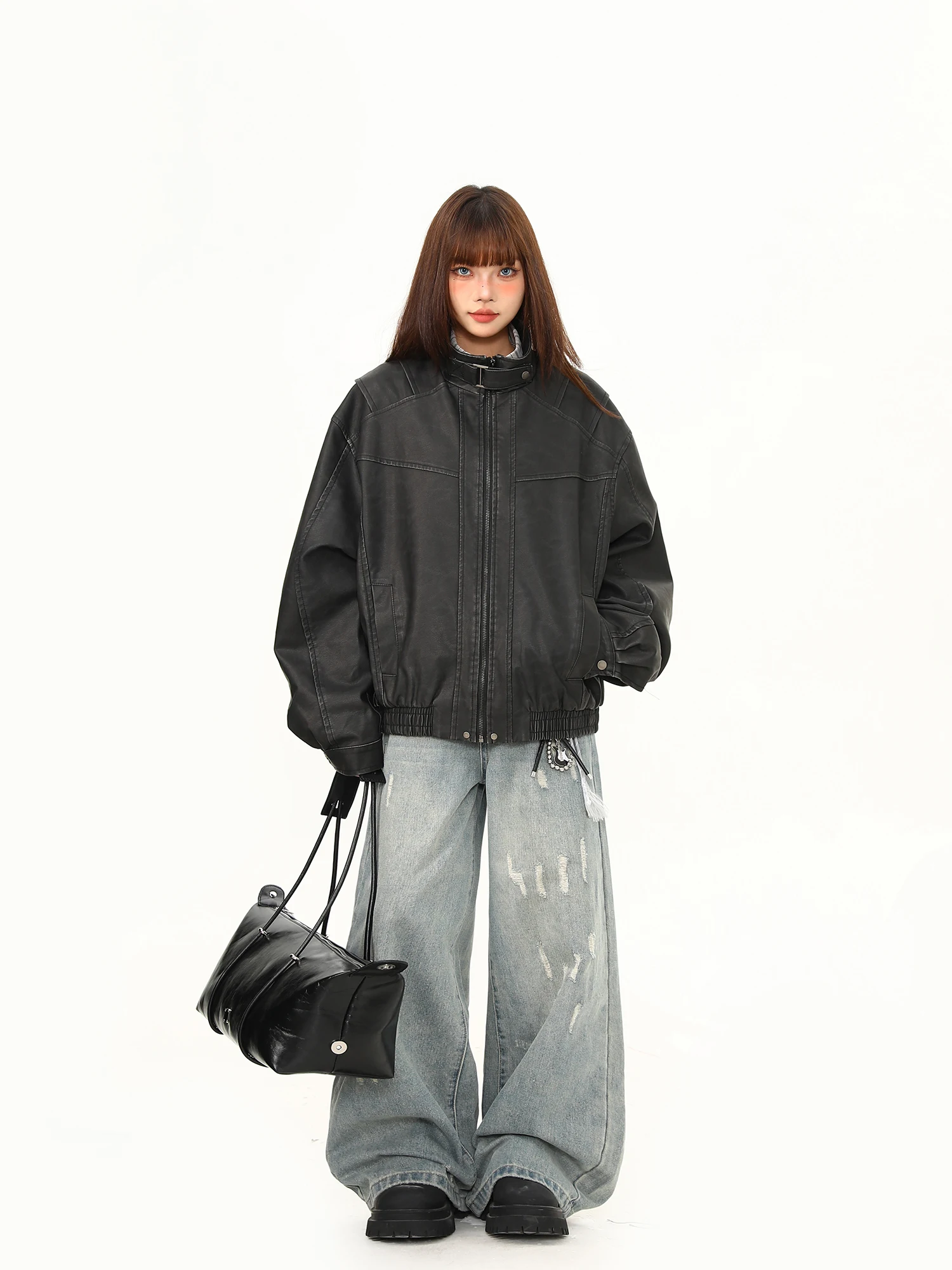 와일드 아지 아메리칸 스트릿웨어 스타일 믹스젠더 PU 레더 재킷 헤비웨이트 디컨스트럭티드 패치워크 모터사이클 아우터웨어