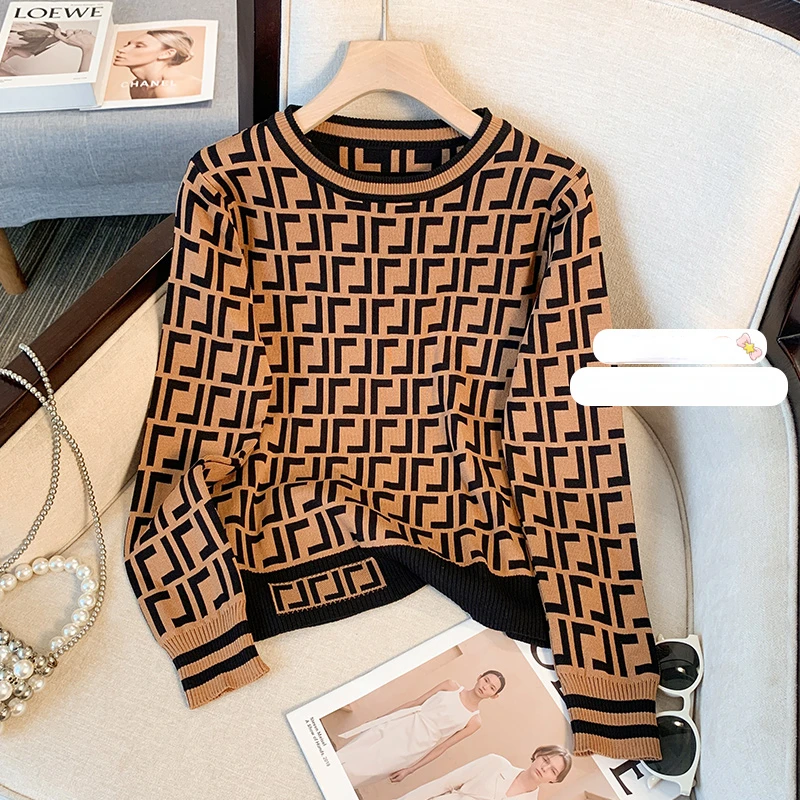 Fashion Women Vintage Plaid Jacquard Sweater Long Sleeve Jumpers Knitwear Autumn Winter Pullovers High Quality Knitted Sweaters